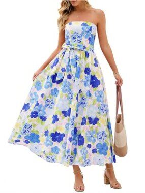 Women's Floral Maxi Dress Boho Strapless Tube Smocked Tie Ruffle Beach Vacation